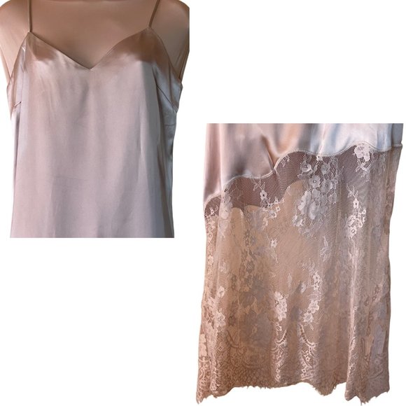 E.SSSUE Satin & Lace Spaghetti Strap Slip Dress, Champagne Tan, Size S - Picture 2 of 4